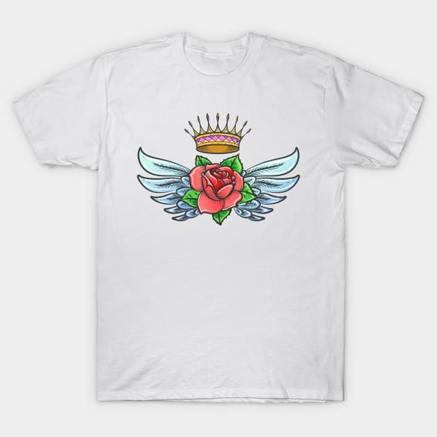 Winged Rose and Golden Crown colorful Tattoo. T-Shirt by devaleta